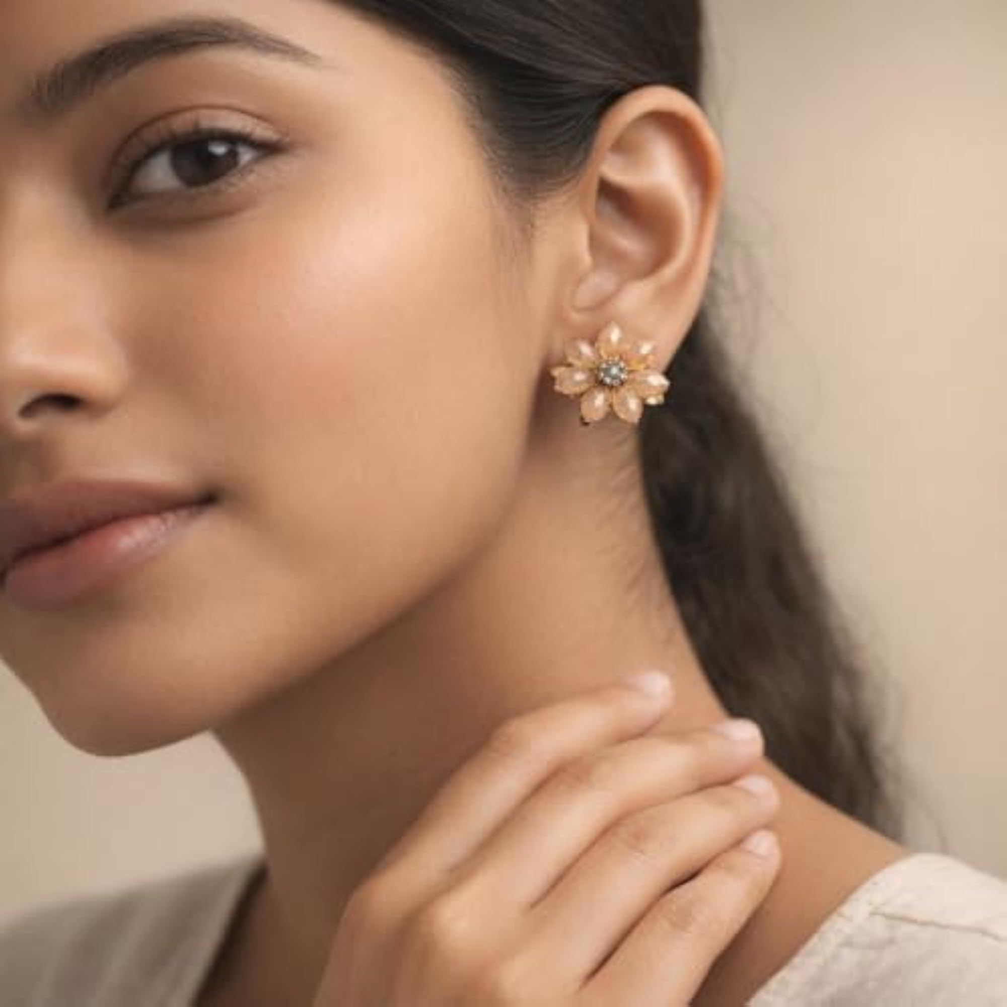 Blush Pink Crystal Flower Stud Earrings, 18K Gold Plated